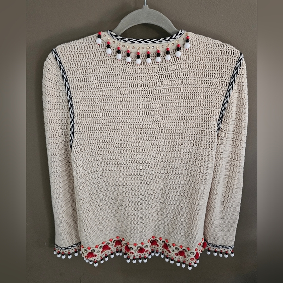 Tory Burch Embellished Linen Jacket Blazer Woven Jewelled Pom Pom Sweater - Picture 7 of 13